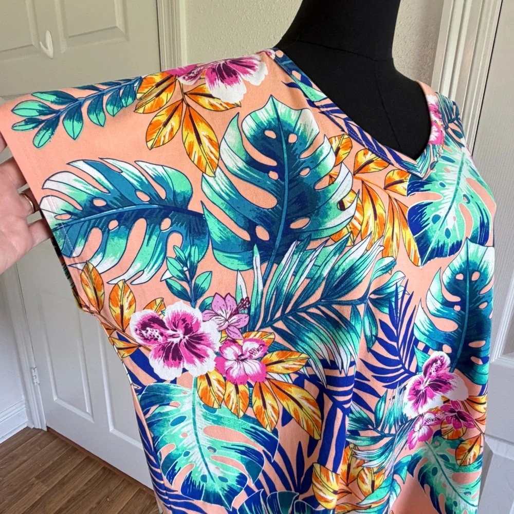 Cake Tropical Blouse Womens M Palm Leaf Floral V Neck Colorful Top - Picture 3 of 5
